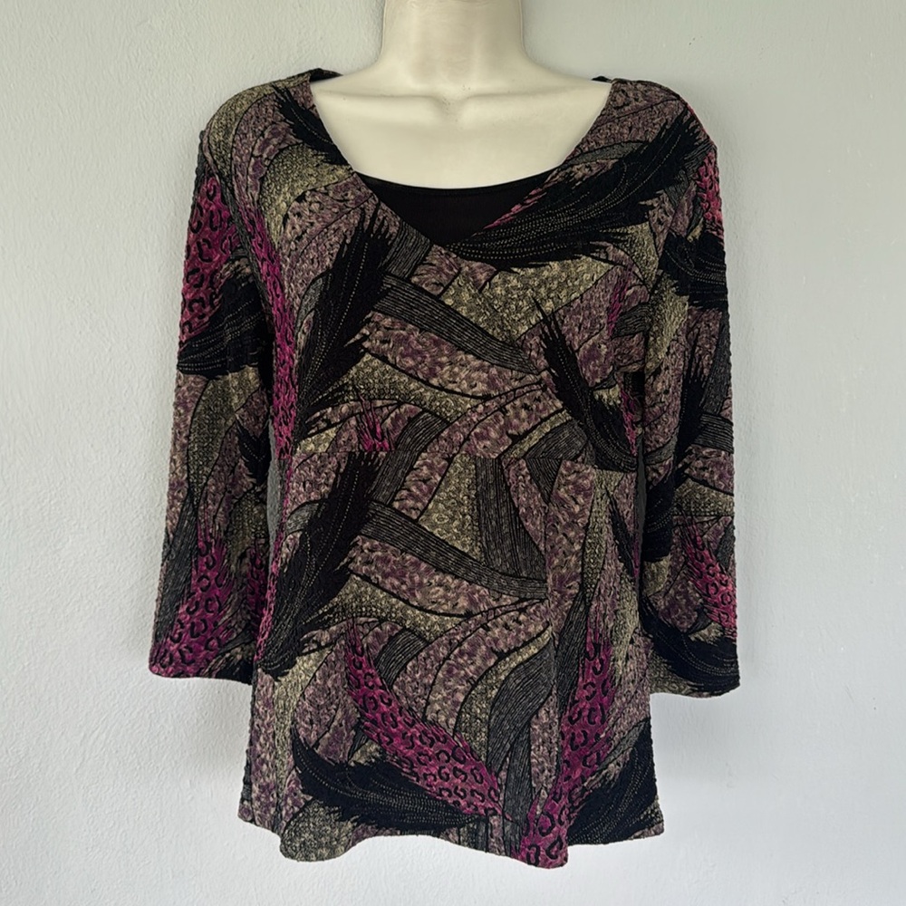 Vintage JM Collection petite purple leopard feather abstract print top small - Picture 3 of 10